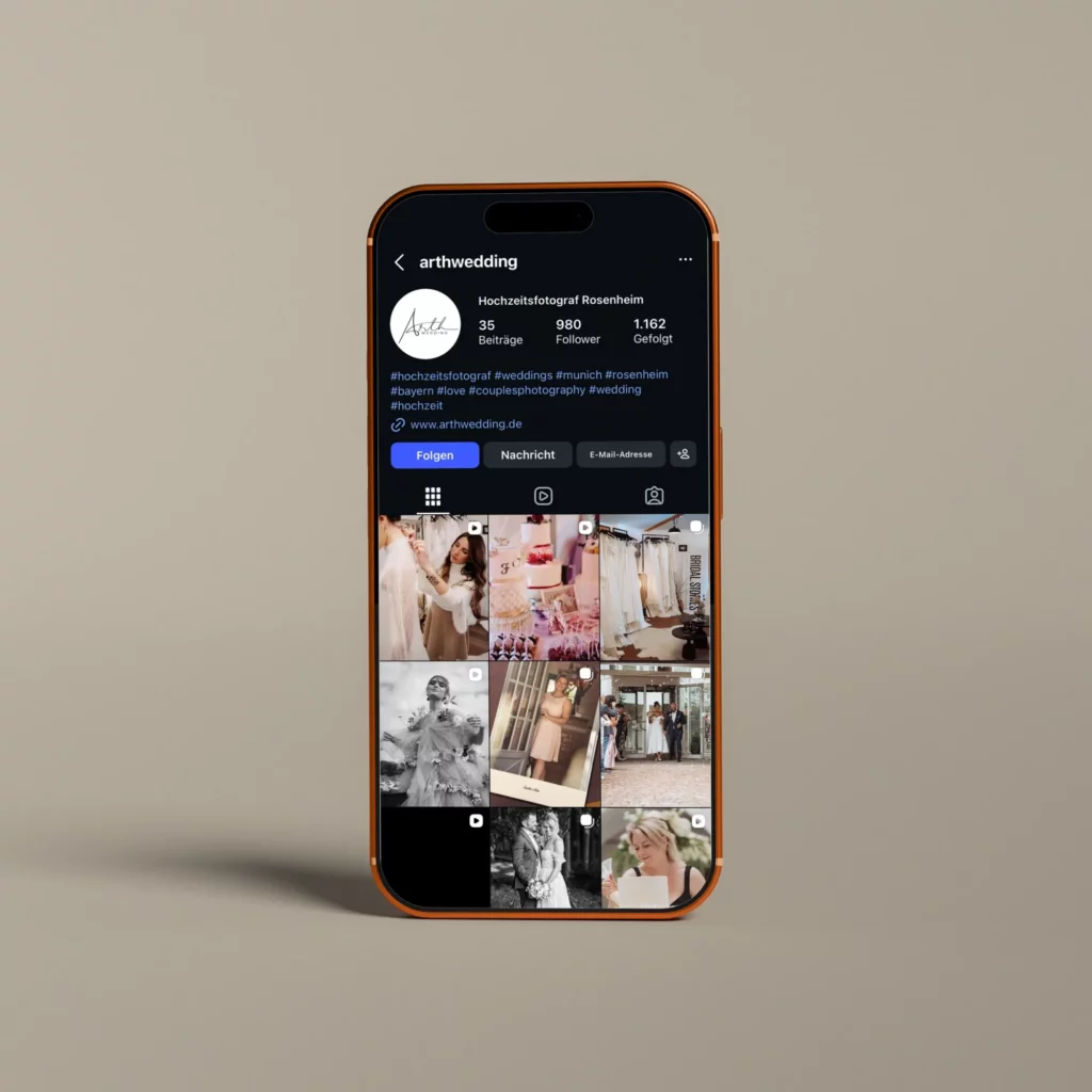Instagram-Profil des Hochzeitsfotografen Arth Wedding aus Rosenheim mit Portfolio-Galerie authentischer Hochzeitsfotos und Brautaufnahmen